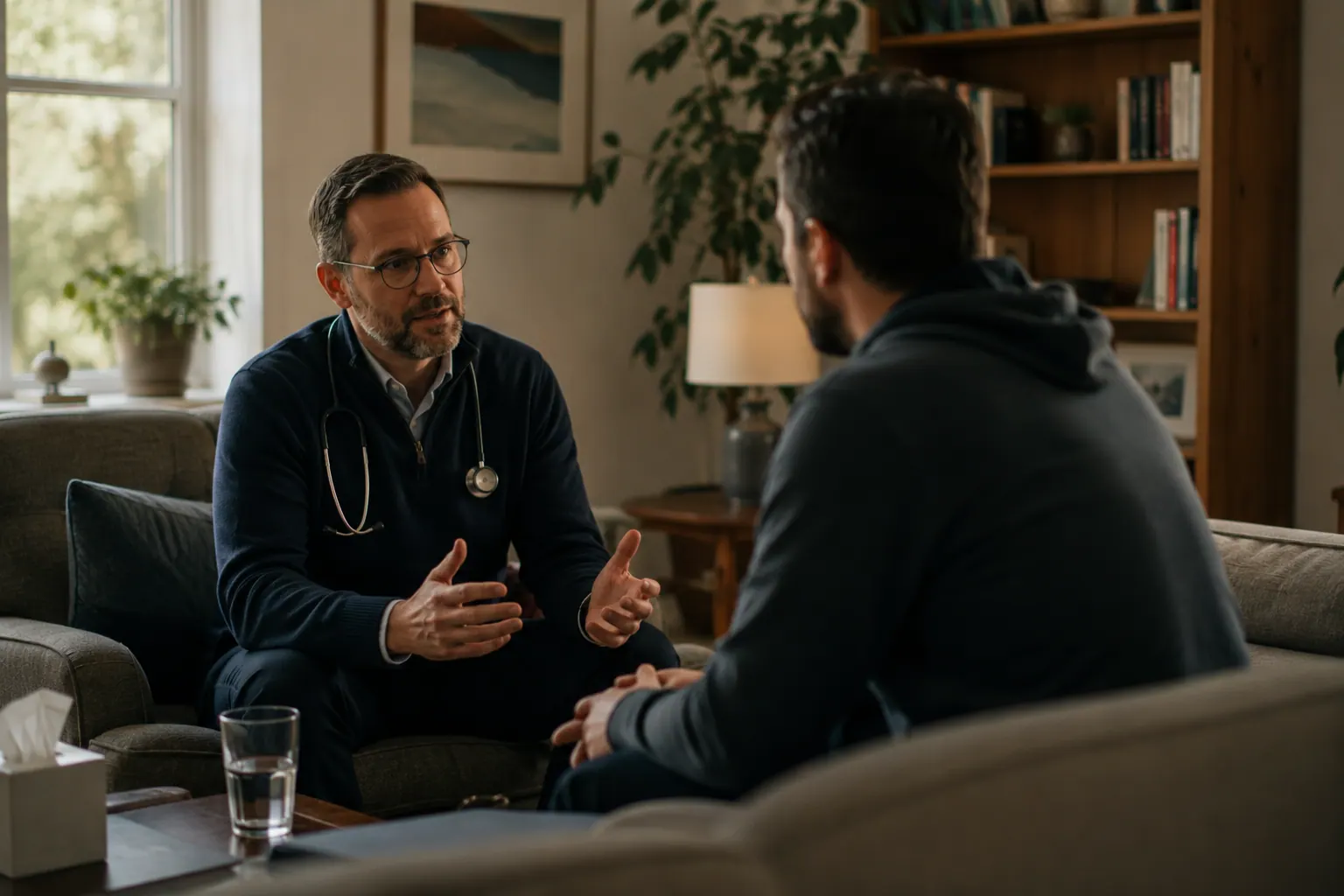A clinician explaining treatment during a private assessment