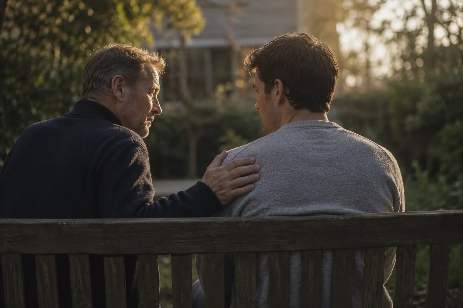 A father offering quiet support to his adult son on a park bench