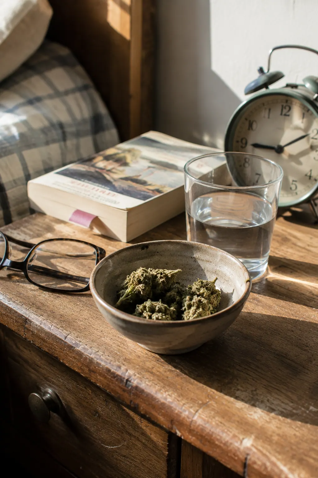 Cannabis beside everyday objects in a domestic bedroom setting