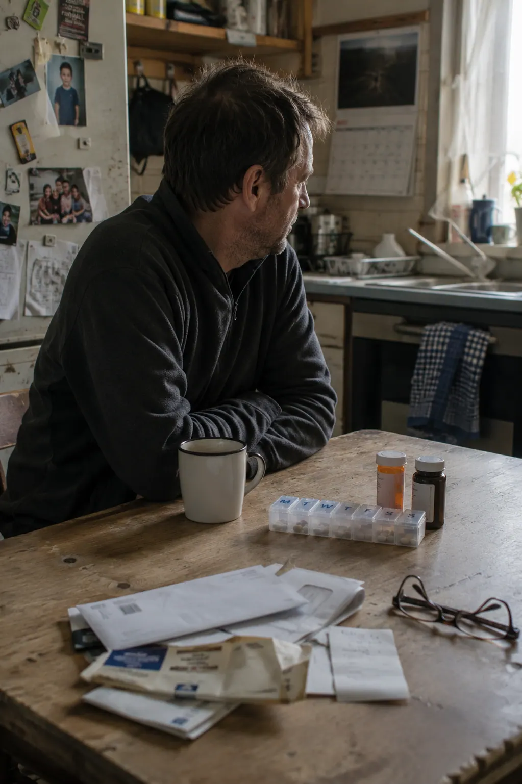 A man sitting at a kitchen table beside prescribed medication