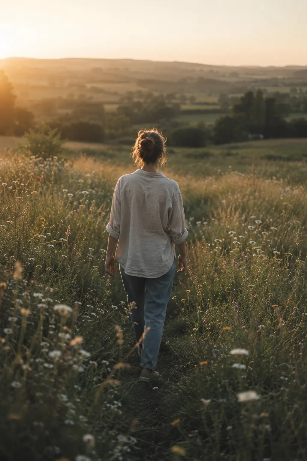 A person walking quietly through a meadow at sunset